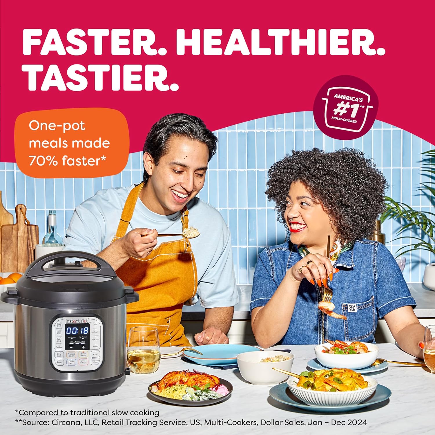 The cooker on a worktop beside two people eating a meal from bowls